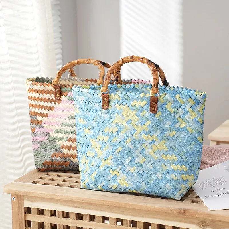 Basket Bag Wicker - Vintage Bamboom Handle Rattan Women Handbags