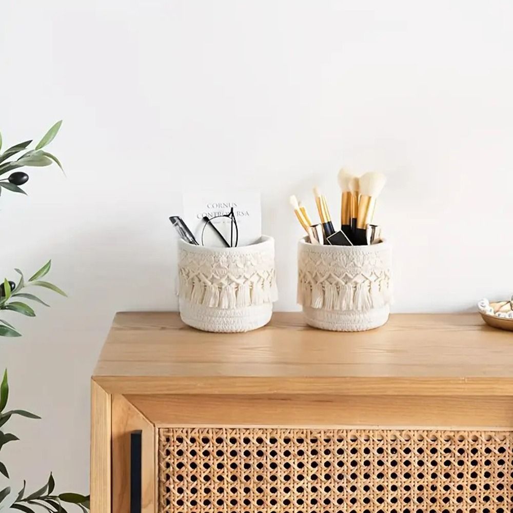 Basket Bag Wicker - Tassels Desktop Storage Basket White Coffee